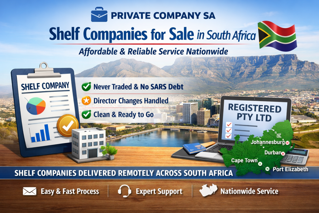 Affordable shelf companies for sale in South Africa with no SARS debt and director changes handled by Private Company SA