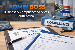 Admin Boss business compliance and CIPC company registration documents with South African flag.