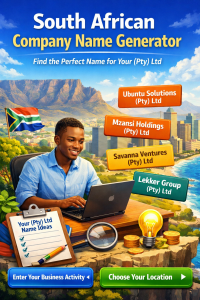 Entrepreneur using a laptop to generate South African company name ideas like Ubuntu Solutions (Pty) Ltd and Mzansi Holdings (Pty) Ltd with a city skyline and South African flag in the background.