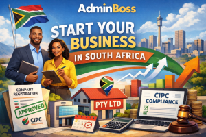 Admin Boss South Africa business startup concept showing entrepreneurs, company registration approval, and CIPC compliance.